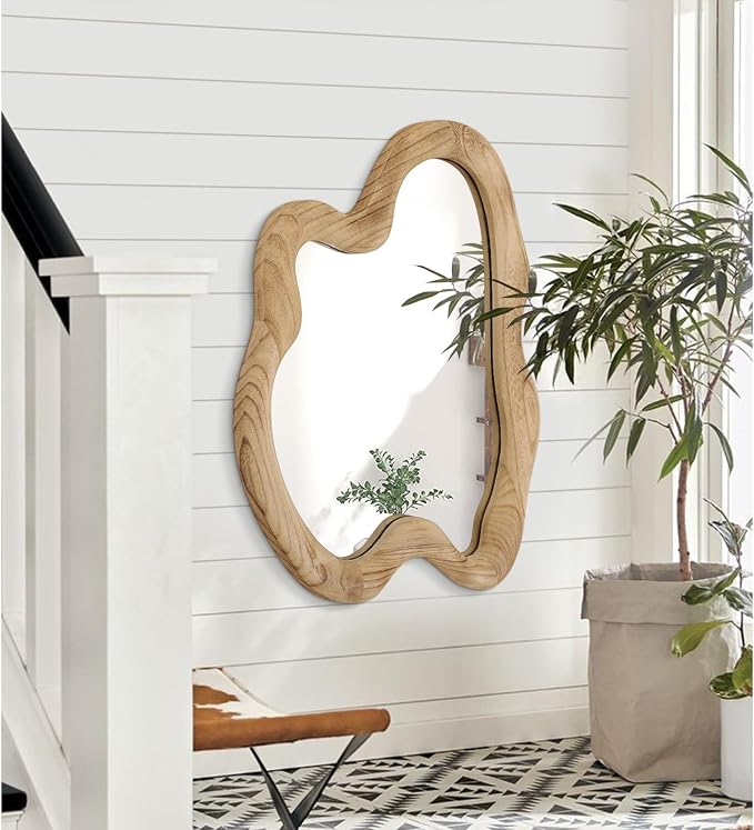 AAZZKANG Large Rustic Wall Mirror with Wooden Frame Irregular Wall Mirror 32"x24" Decorative Asymmetrical Hanging Mirror for Bathroom Bedroom Living Room Entryway