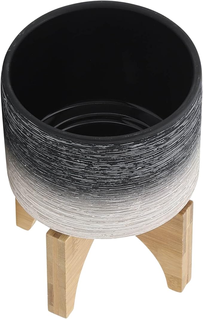 Modern Ceramic Planter with Wooden Stand – Stoneware Plant Pot Holder, Stylish Indoor & Outdoor Home Decor for Living Room, Bedroom, Office, or Garden, Plant Stand Indoor – 6", Gray & White