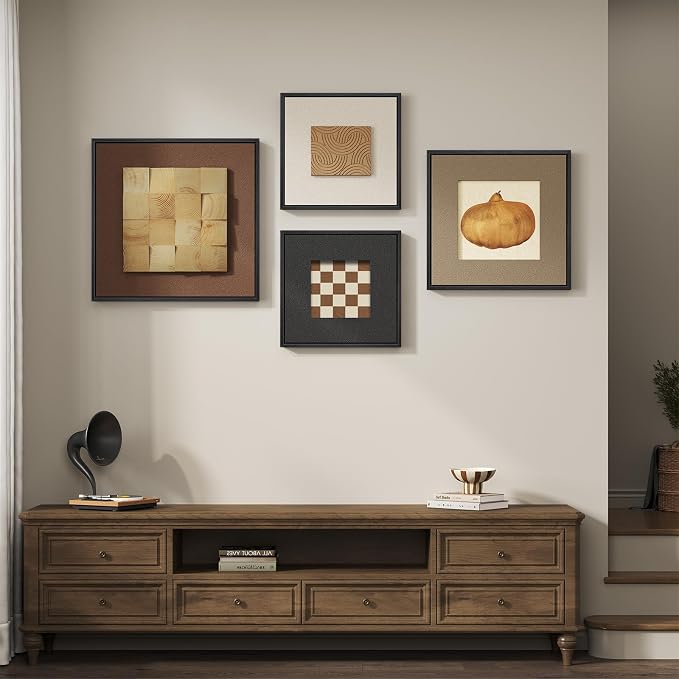 Framed 3D Wood Wall Art Decor for Living Room, 4 Piece Modern Minimalist Geometric Textured Artwork for Walls, Black and Brown Sandstone Paintings Wall Decor for Dining Room, Hallway, Bedroom