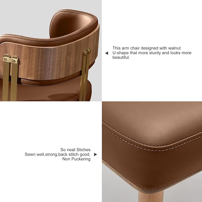 Modern Upholstered Leather Dining Chairs with High-Resilience Foam Cushion, Walnut Wood Veneer&Gold Metal Legs, 22Lx20.5Wx28.3H Inches, Anti-Slip Kitchen Chairs for Dining Room,Tan