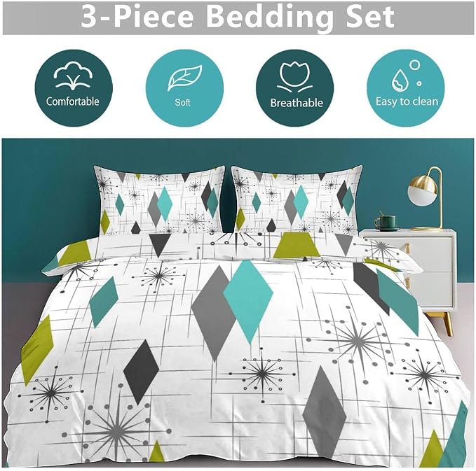 Mid Century Bedding Set,Retro Starbursts Abstract Green Grey Geometric Minimalist 1950s 60s Pattern Comforter Set with Pillowcase for Bedroom Bed Decor,King 102"x90"