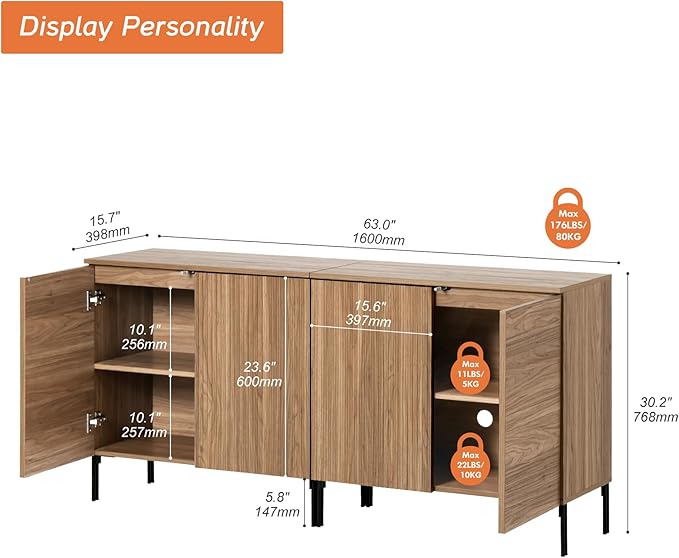 WAMPAT 63" Sideboard Buffet Cabinet with 4 Doors and Adjustable Shelves, Fluted Storage Cabinet, Modern Credenza Coffee Bar Wine Bar Table for Kitchen, Dining Room, Living Room, Light Walnut