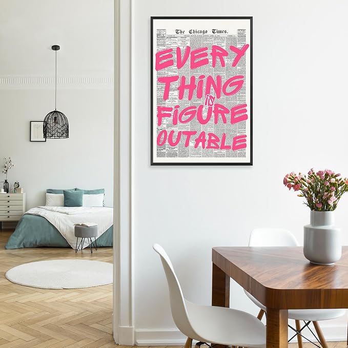 Every Thing Is Figure Outable Wall Art Retro Newspaper Pink Font Canvas Poster Positive Affirming Quote Minimalist Prints Painting For Home Bedroom Dorm Wall Decor Aesthetics 24x36in Framed