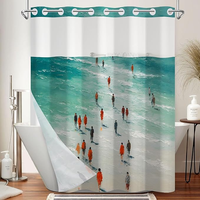No Hook Shower Curtain with Snap in Liner, Beach Scene Abstract Coastal Art Print, Waterproof Fabric Bath Curtain with See Through Top, Modern Ocean Vibe Bathroom Decor, 71W x 74H