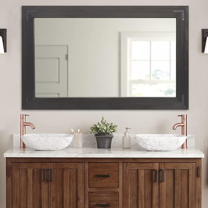 YOSHOOT Rustic Wooden Framed Wall Mirror, Natural Wood Bathroom Vanity Mirror for Farmhouse Decor, Vertical or Horizontal Hanging, 53" x 28", Black
