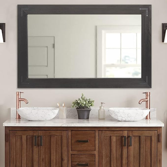 YOSHOOT Rustic Wooden Framed Wall Mirror, Natural Wood Bathroom Vanity Mirror for Farmhouse Decor, Vertical or Horizontal Hanging, 53" x 28", Black