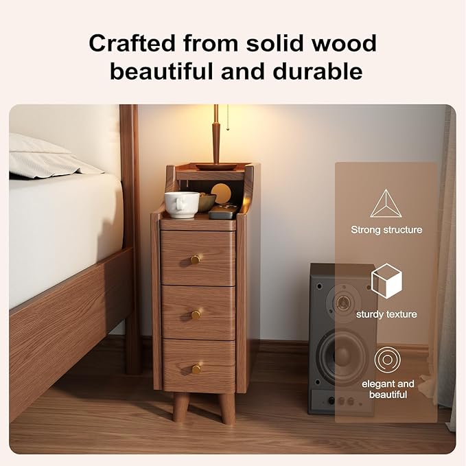 Solid Wood Narrow Nightstand with Drawers,Walnut Nightstand Wood Bedside Table Modern for Bedroom,Study,Toilet