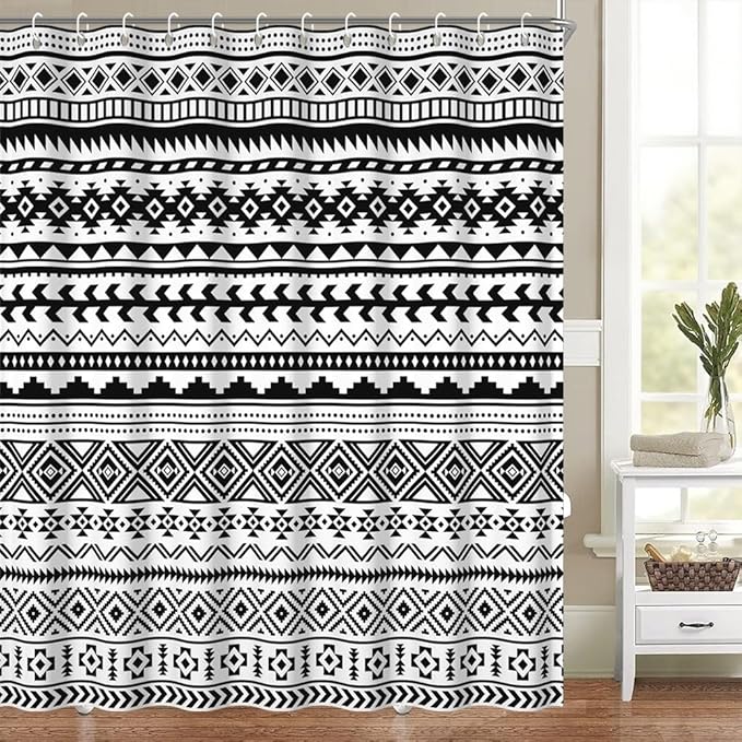 Bohemian Black White Shower Curtain for Bathroom Boho Geometric Shower Curtains Modern Abstract Aesthetic Bathroom Decor Set Washable Waterproof Polyester Fabric with Hooks 60x72 Inch