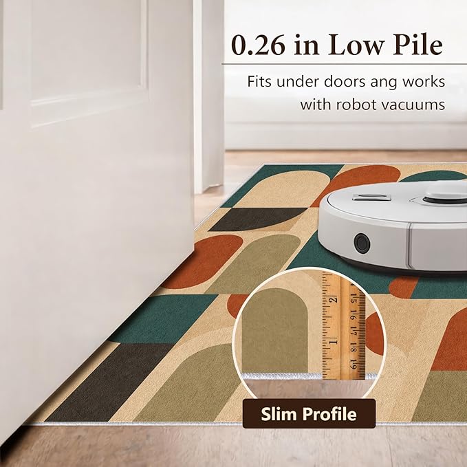 Teal Rust Area Rug 8x10, Mid Century Modern Mosaic Geometric Rug, Retro Abstract Color Block Washable Low Pile Non Slip Rug for Living Room Bedroom