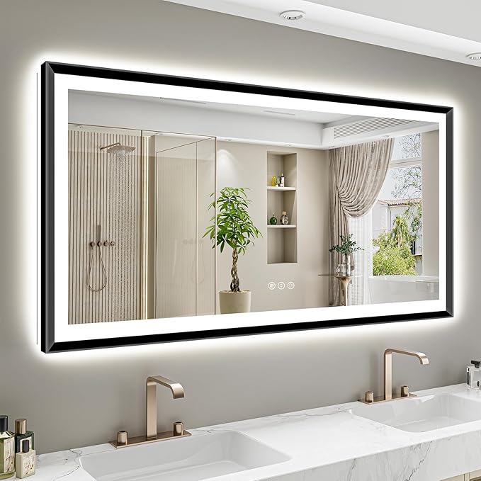 66x36 Black Framed LED Bathroom Mirror with Lights, Backlit and Front Light, Lighted Bathroom Vanity Mirror for Wall Dimmable Anti-Fog Memory Tempered Glass Horizontal/Vertical