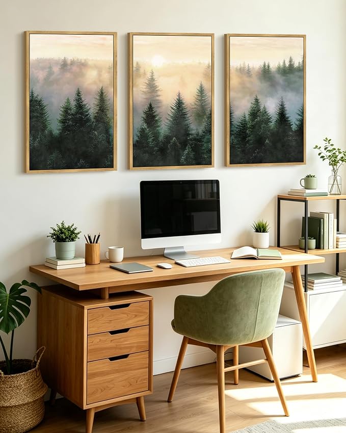 KUVIOKE Sun Dawn Fog Pine Tree Framed Wall Art Morden Nature Nordic Forests Artwork Bedroom Decor 24x36in (Natural Framed)
