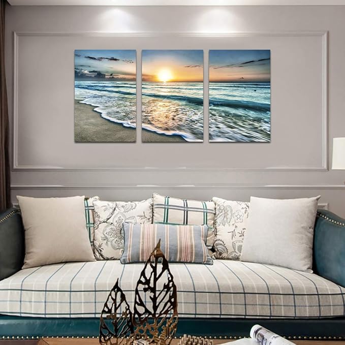Canvas Wall Art Beach Sunset Ocean Waves Wall Decor 3 Pieces x 16" x 24" Modern Seascape Canvas Artwork Contemporary Nature Pictures Painting Giclee Prints Framed Ready to Hang for Home Decoration