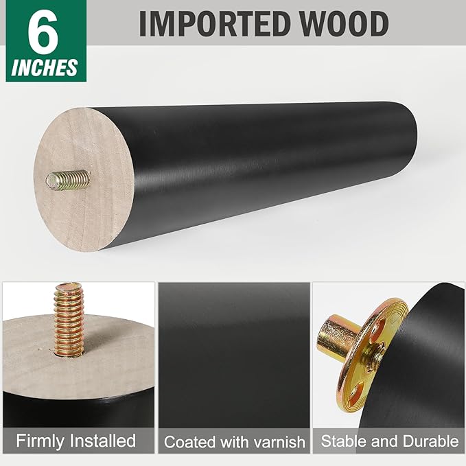 FoDau770 Black Rubber Wood Furniture Legs 6 Inches, Slant Tapered Wood Feet Mid Century Sofa Legs Set of 8, 5/16" UNC Furniture Feet Replacement Parts for Cabinet Couch Dresser Chair Ottoman Table