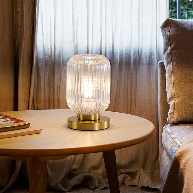 Dimmable Colorful Glass Table Lamp: Mid Century Modern Nightstand Light With Stained Shade - Small Decorative Brass Desk Lamp - Ribbed Glass Bedside Tables Lamps for Bedroom Living Room Bulb Excluded