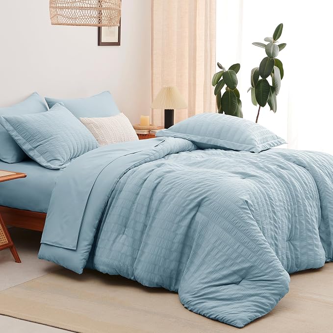 CozyLux Oversized King Comforter Set with Sheets, 7 Pieces 120"x98" Light Blue Seersucker Bed in a Bag, Luxury Soft Bedding Sets with Down Alternative Comforter, Sheets, Pillowcases & Shams, Home Gift