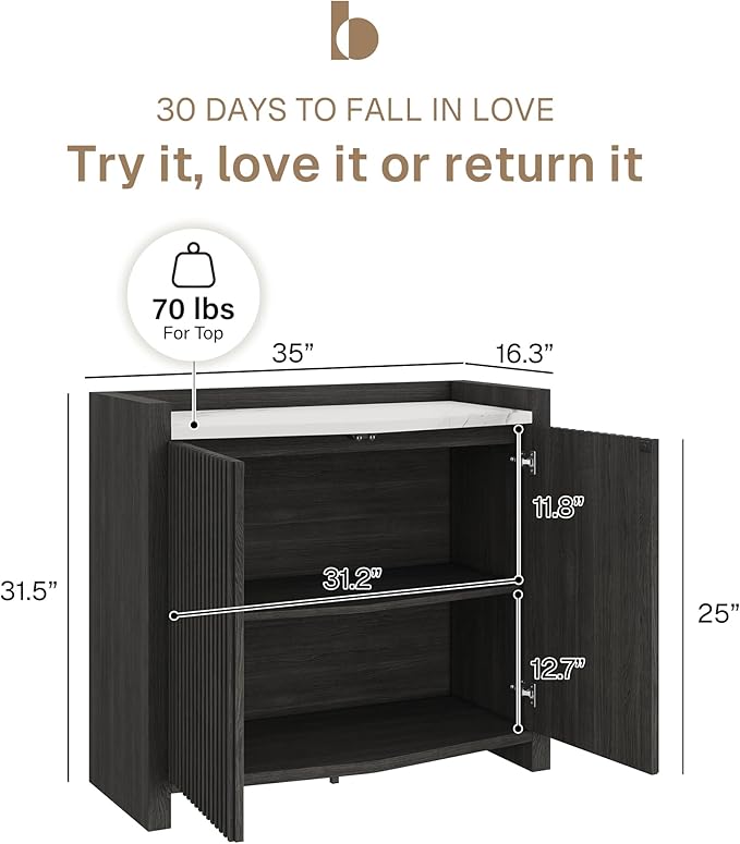 BELLEZE Set of 2 Modular Sideboard Buffet Cabinet with Storage,70 Inch Modern Credenza with Adjustable Shelves, Fluted Black Console Table with Faux Marble Panel for Kitchen, Entryway, Dining Room