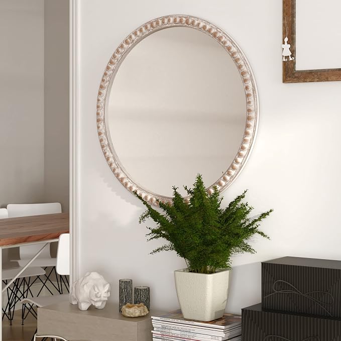 COZAYH Distressed Wood Frame Accent Mirror, Rustic Farmhouse Style Decorative Wall Mirror (Round)