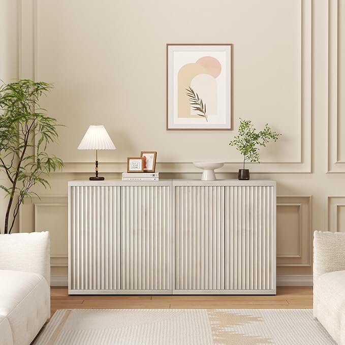 31” Sideboard Cabinet with Storage, Fluted Accent Cabinet with Adjustable Shelves, Modern Wood Credenza Cabinets with Pop-up Doors for Entryway Kitchen Living Room Hallway, White Oak 2pcs