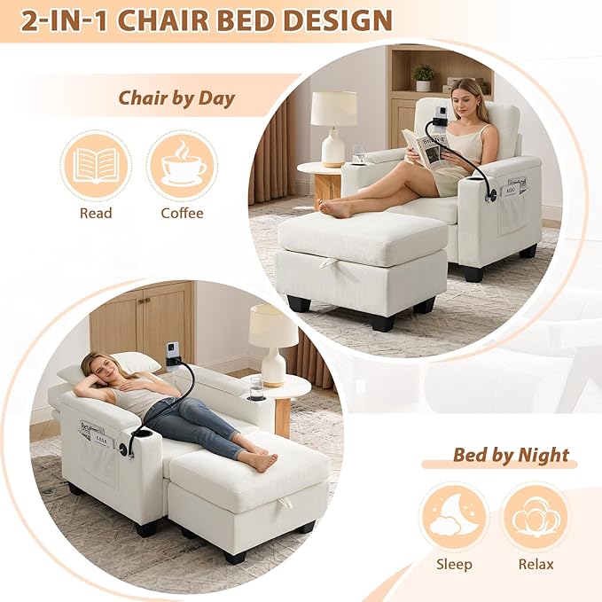 Oversized Chaise Lounge Chair Indoor, Single Convertible Recliner Reading Arm Sofa Chair W/Adjustable Backrest & Charging Port Couch Bed for Living Room, Home Theater & Bedroom, Beige