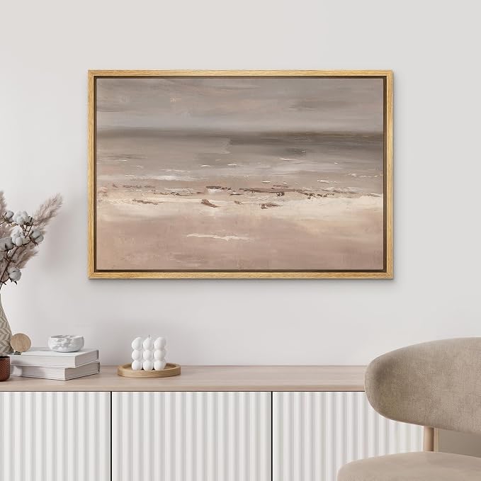 MUDECOR Framed Canvas Print Wall Art Calm Neutral Seascape Abstract Horizon in Earth Tones Illustrations Minimalism Decorative Bohemian Colorful Zen for Living Room, Bedroom, Office - 16"x24" NATURAL