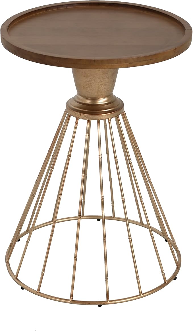 25" Pine Wood & Iron Side Table, End Table with Anti-Slip Concave Top, Small Table with Retro Hollow Design for Indoor Spaces, Antique Gold,Natural