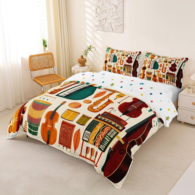 Erosebridal Retro Music Comforter Cover Full for Kids Adults - Vintage Music Bedding Set Mid Century Musical Instruments Duvet Cover,Trendy Boho Jazz Instrument Bed Set