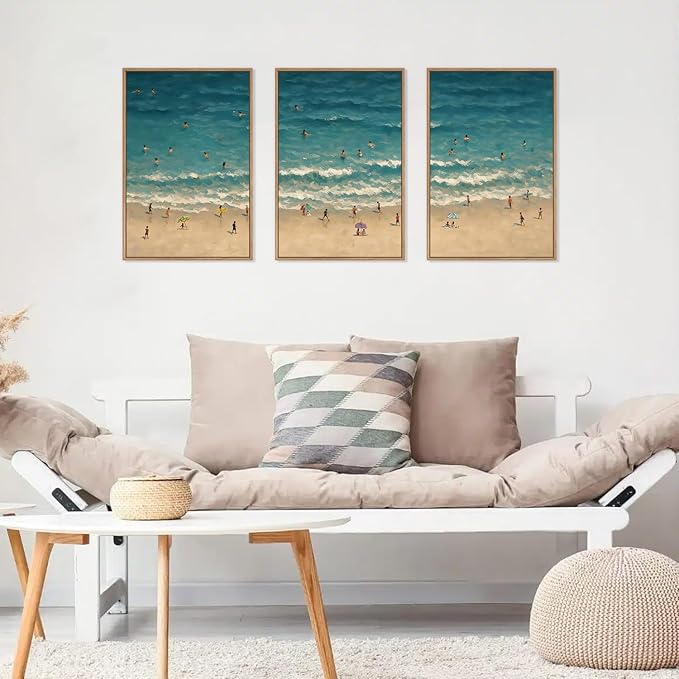 HLNIUC Summer Beach Canvas Wall Art,Modern Minimalist Coastal Landscape Wall Decor Set of 3(16”x24”) Blue Abstract Ocean Painting, Summer Swimming in the Sea Art Print for Living Room,Bathroom
