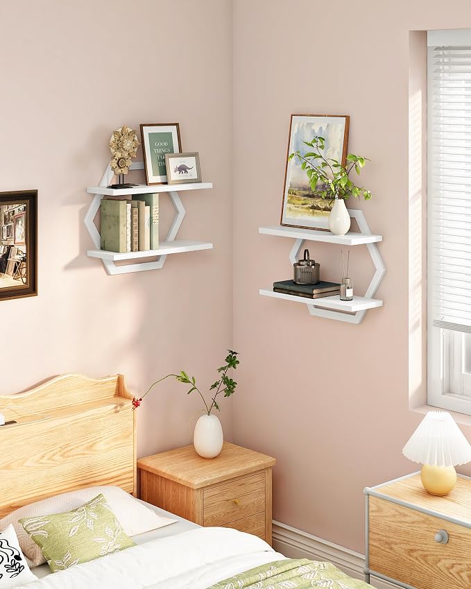 CHOEZON Hexagon Floating Shelves for Wall, Set of 2, 2 -Tier Hanging Shelves, Wall Mounted Storage Shelves, for Living Room, Bedroom, Kitchen, Home Office, Study, White TBJ06P2WB
