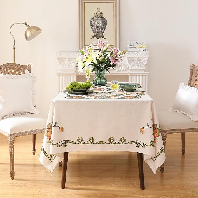 patdrea Designer Linen Square Tablecloth,Vintage French Floral Tablecloths,Wrinkle Free Table Cloth,Decorative Table Cover Cloth for Kitchen,Dining,Tea Party,Home,Christmas,55"*55"
