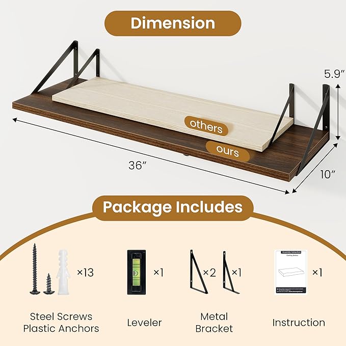 Walnut Deep Floating Shelves for Wall,36" Wx10 D Wood Wall Shelves with Metal Brackets,Hanging Storage Floating Shelf for Living Room,Bedroom,Bathroom,Office,Kitchen
