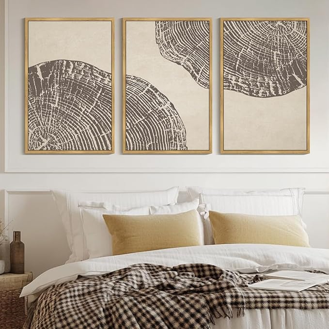 KUVIOKE Framed Tree Rings Wood Wall Art Modern Retro Beige Wood Stump Wall Decor Nature Rustic Art Print for Farmhouse Living Room Bedroom 24x36in (Natural Framed)