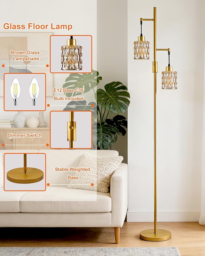 2-Light Glass Floor Lamp, 65IN Tall Standing Lamps Dimmable with Amber Glass Lampshade, 3000K Warmwhite Mid Century Modern Floor Lamp with 5Lbs Heavy Base for Living Room/Bedroom
