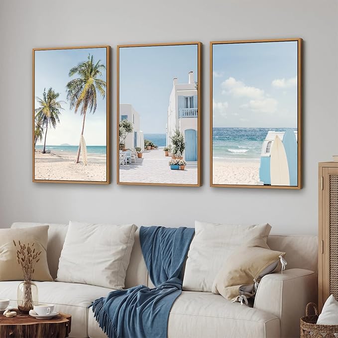 Rantodecor Beach Themed Framed Canvas Wall Art, Palm Tree Surfboard Van Wall Decor, Nordic Blue and White House Art Painting, Modern Relaxing Seascape Artwork for Bedroom Living Room Office 16"x24"x3