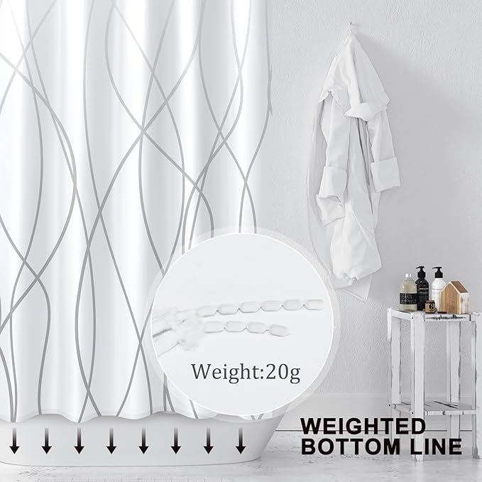 Punkray Ombre Grey Shower Curtain for Bathroom with Hooks Shower Curtain Set Stripe Bath Curtains Decorative White Shower Curtains Water Repellent Washable, 72 x 72