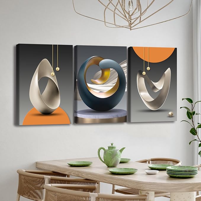 Pennimor 3 Piece Framed Abstract Wall Art, Geometric Wood Canvas Wall Decor, Modern Minimalist Bright Style Artwork Printing for Bathroom Bedroom Living Room Home Office Farmhouse 20x28in