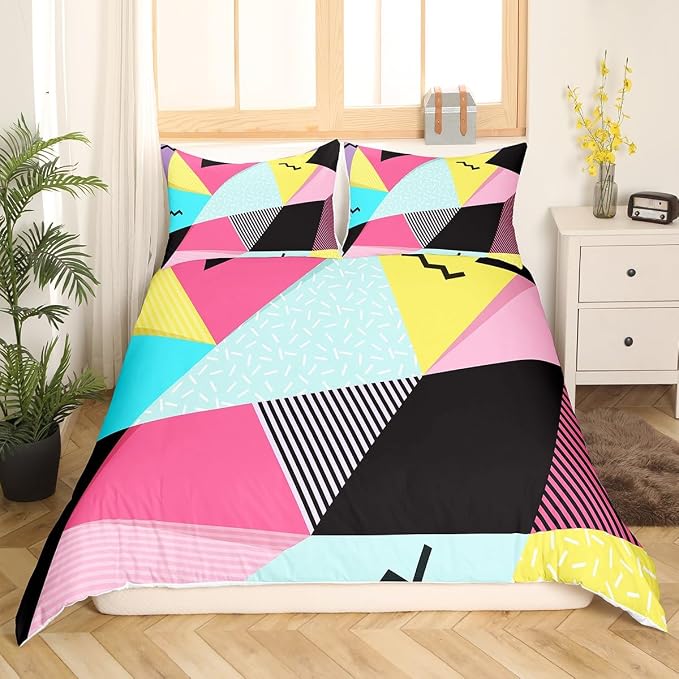 Memphis Duvet Cover Set Queen Size, Retro 80s 90s Fashion Style Comforter Cover with 2 Pillowcases, Colorful Triangle Geometric Bedding Set for Kids Boys Girls Lightweight Bedspread Cover,No Comforter