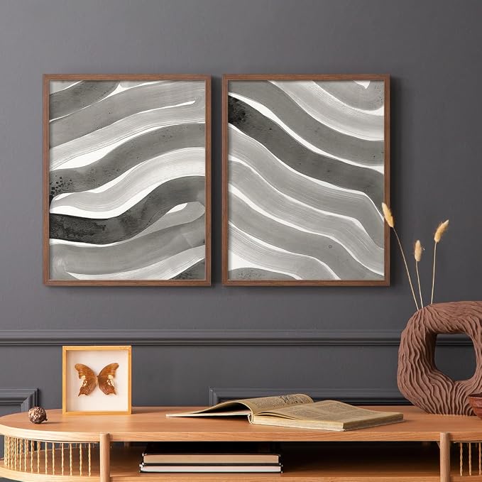 Renditions Gallery Set of 2 Peel & Stick Framed Prints, Watercolor Abstract Wall Art, Black and White Bold Brushstrokes Wall Decor, Re-Stickable - Ready to Hang - 8"x10" - Walnut Frame LT588