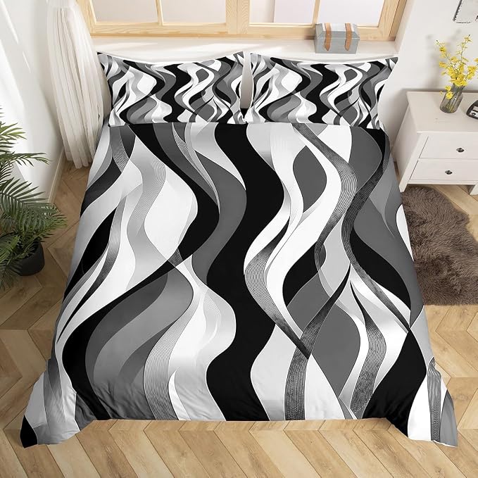 Grey Black Stripes Duvet Cover Set Full Size,Abstract Geometric Comfy Striped Waves Bedding Set,Boys Girls Room Decor,Minimalist Art Style Comforter Cover,Chic Quilt Cover,2 Pillowcases(No Filler)