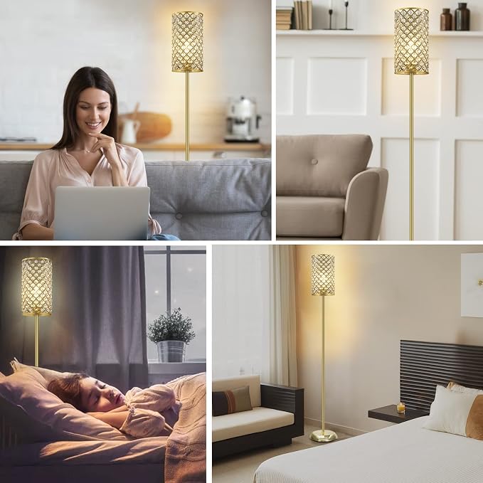 GyroVu Gold Floor Lamp,Elegant Crystal Floor Lamp Modern Standing Lamp with On/Off Foot Switch,Tall Pole Accent Lighting for Living Room, Girl Bedroom, Dresser, Office