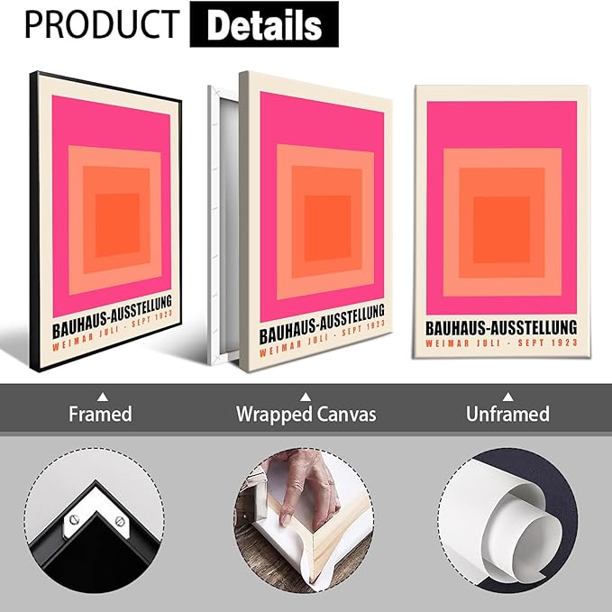 Vintage Bauhaus 1923 Exhibition Framed Poster Minimalist Nested Squares Bold Typography Canvas Wall Art Clean Layout Prints Painting For Home Bedroom Dorm Wall Decor 16x24in Framed