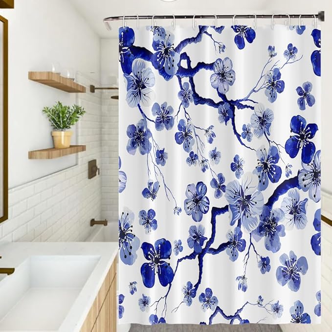 Plum Blossom Shower Curtain Watercolor Blue Floral Modern Art Painting Shower Curtains for Bathroom Accessories Waterproof Polyester Fabric with Hooks, 65 x 72 Inch