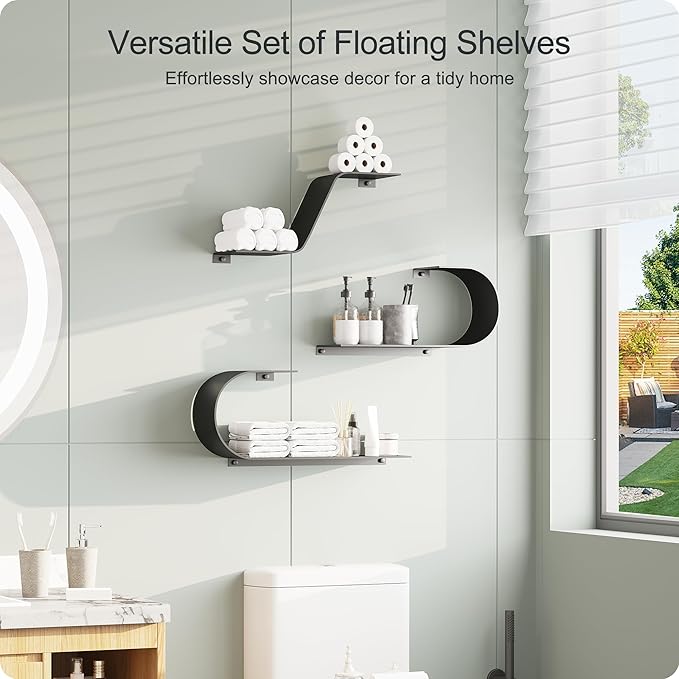 Black Floating Shelves Set of 3, Black Metal Decor, Unique Mounted Floating Shelf, Modern Long Wall Shelf, Large Wall Shelves for Bedroom, Bathroom, Living Room
