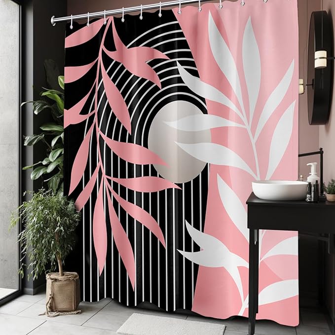 Pink Shower Curtain Boho Mid Century Pink and Black Shower Curtains for Bathroom Decor, Waterproof Cloth Fabric with Hooks, 70" W x 72" L