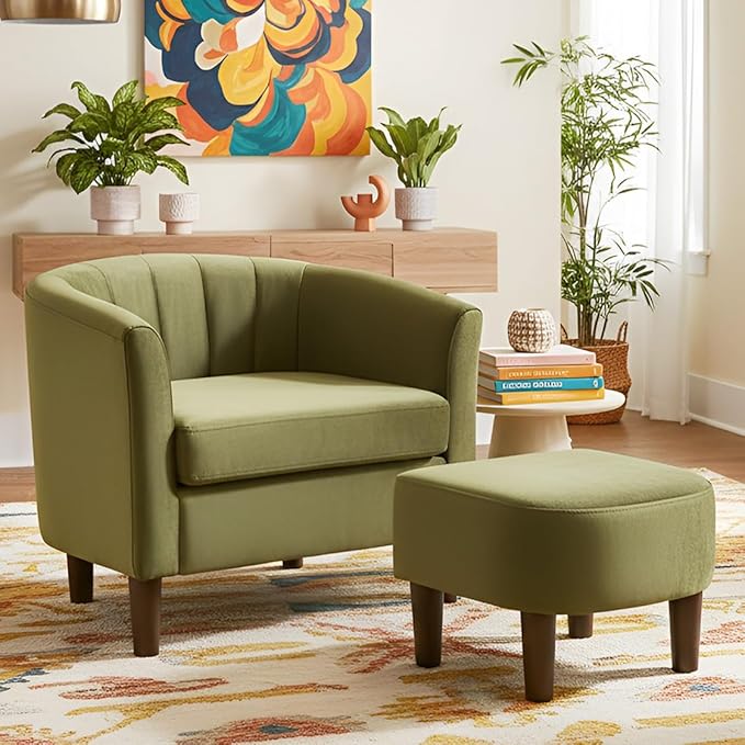 FDW Velvet Barrel Accent Chair with Ottoman, Modern Armchair with Ottoman Set, Comfortable Reading Chair for Living Room, Bedroom & Apartment Lounge, Green
