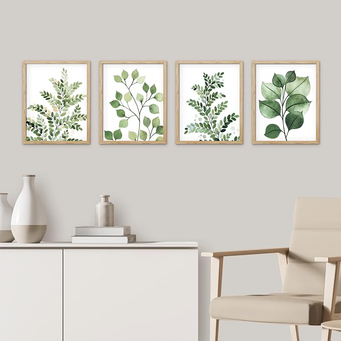SIGNWIN Framed Green Pastel Forest Fern Leaf Wall Art, Set of 4 Collage Nature Garden Wall Decor Prints, Nature Wilderness Wall Décor for Living Room, Bedroom - 11"x14" Natural