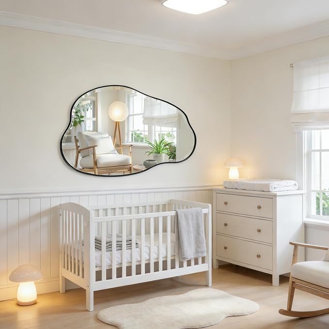 POZINO Irregular Beveled Mirror, 42"x28" Asymmetrical Vanity Wall Mirror with Metal Frame, Organic Shape Mirrors for Entryway Bathroom Living Room Bedroom Hallway, Horizontal or Vertical Hanging