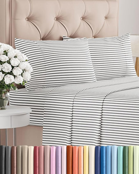 Cal King Size 4 Piece Sheet Set - Comfy Breathable & Cooling Sheets - Hotel Luxury Bed Sheets for Women & Men - Deep Pockets, Easy-Fit, Soft & Wrinkle Free Sheets - Grey Stripes Oeko-Tex Bed Sheet Set