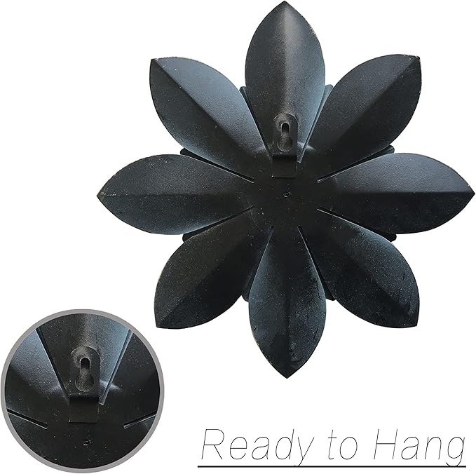 Black Metal Flower Wall Art Decor, 9.5“ Rustic Modern Floral Sculpture, Distressed Hanging Home Decoration Accent Artworks for Indoor Bedroom Living Room Office Outdoor Garden Patio