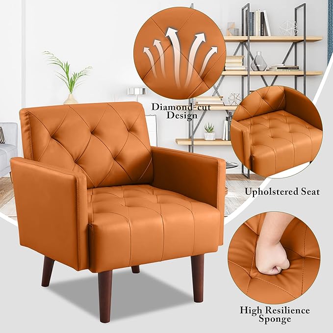 Faux Leather Accent Chair Modern PU Armchair, Retro Tufted Upholstered Arm Chair, Comfy Leather Club Chair Single Sofa for Living Room, Bedroom, Reading Room, Apartment (Orange)