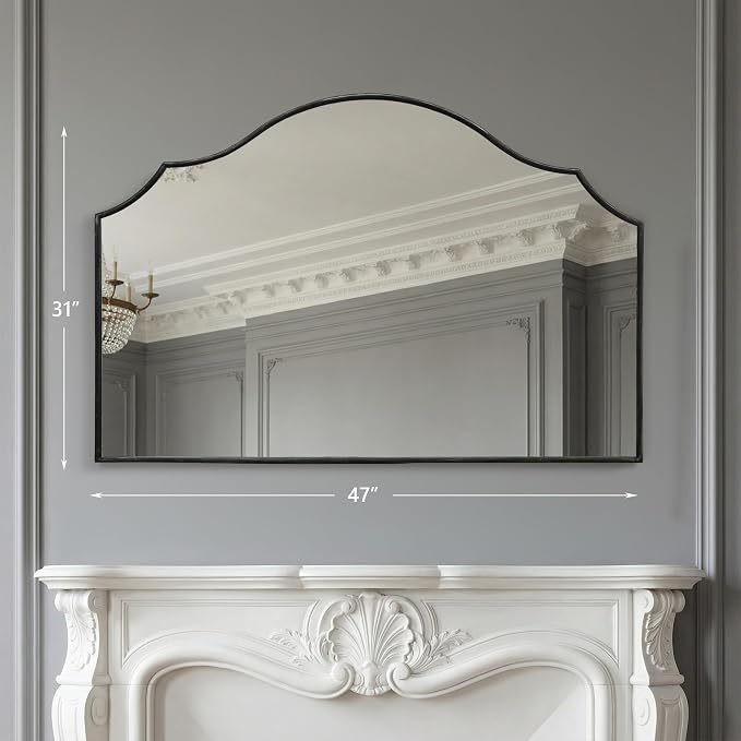 Besdomus Large Scalloped Black Mirror: 47"x31" Modern Minimalist Wood Frame Wall Mirror - Decorative Arched Fireplace for Bedroom/Bathroom/Dresser/Entryway/Mantle/Living Room - Stylish Home Decor